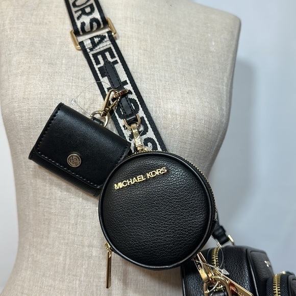 Michael Kors leather Jet Set travel crossbody black tech pocket pouches AirPods - Picture 4 of 12